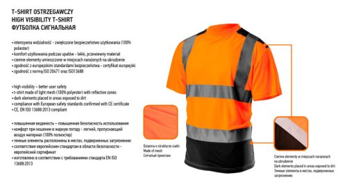 Neo Tools Láthatósági munkavédelmi póló, narancssárga, sötét alsó résszel, M