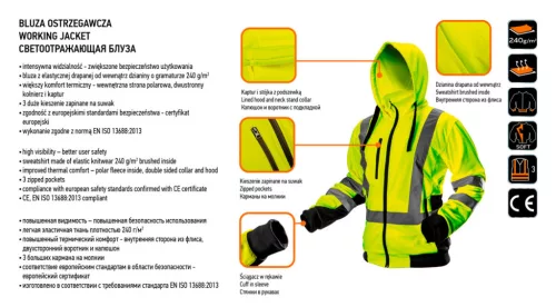 Neo Tools Láthatósági munkavédelmi kabát, citromsárga, kapucnival, M