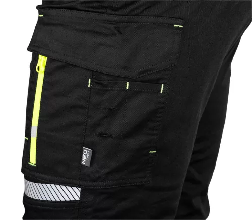 Neo Tools Láthatósági munkásnadrág Mix&Match, 1. oszt., 240g/m2, külső zsebek, profilozott térdbetét, fek.-sárga, XXL