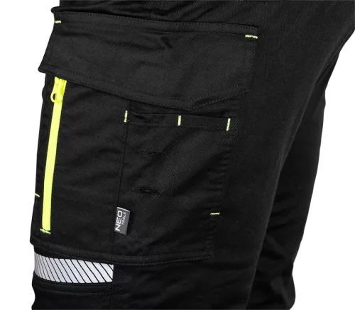 Neo Tools Láthatósági munkásnadrág Mix&Match, 1. oszt., 240g/m2, külső zsebek, profilozott térdbetét, fek.-sárga, XXXL