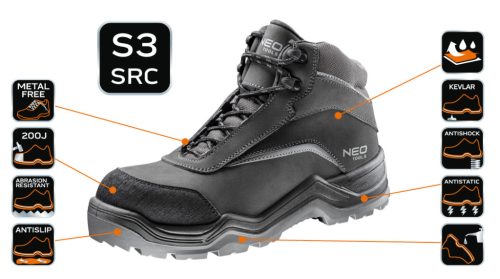 Neo Tools Munkavédelmi bakancs S3 SRC, nubuk bőr, 44