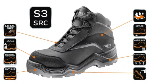 Neo Tools Munkavédelmi bakancs S3 SRC, nubuk bőr, 45
