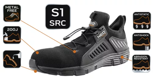 Neo Tools Munkavédelmi cipő, S1 SRC, fémmentes, hálós felsőrész, kompozit lábujjvédő, 39