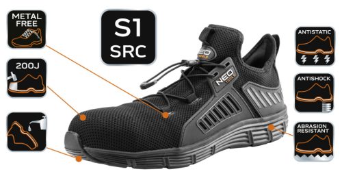 Neo Tools Munkavédelmi cipő, S1 SRC, fémmentes, hálós felsőrész, kompozit lábujjvédő, 42