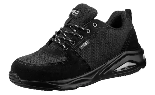 Neo Tools Munkavédelmi cipő, O1 SR, fekete textil-bőr, NEO AIR, légpárnás, fémmentes, csúszásgátlós talpfelület, 47