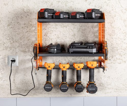 Neo Tools Fali polc akkus gépekhez, akku és töltőtároló polcokkal