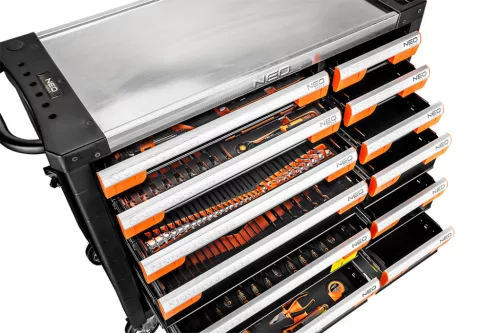 Neo Tools Műhelykocsi PRO, 12 fiókos, 358 szerszámmal, szerszámkocsi
