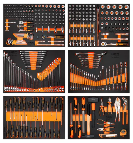 Neo Tools Műhelykocsi PRO, 12 fiókos, 358 szerszámmal, szerszámkocsi