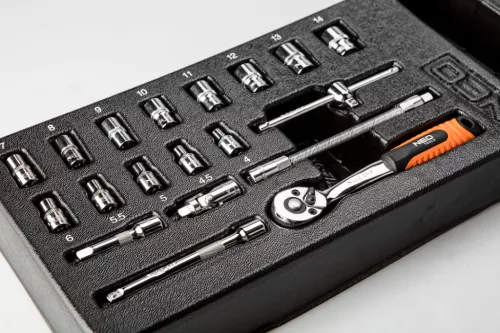 Neo tools Dugókulcskészlet 1/4", 19db, 4-14mm, szerszámkocsiba rakható tálcában