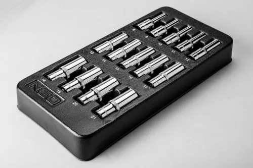 Neo tools Dugókulcskészlet hosszú 1/2” 14db, 8-21mm, szerszámkocsiba rakható tálcában