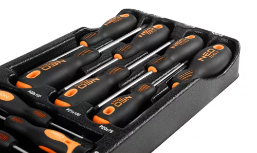 Neo tools Műszerész, Precíziós Csavarhúzó készlet, PZ, TORX, 12db, szerszámkocsiba rakható tálcában