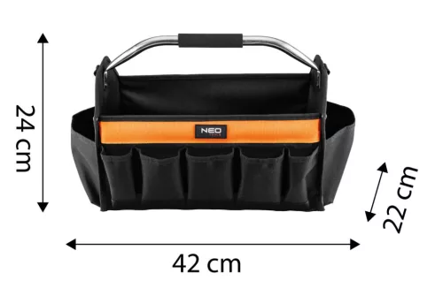 Neo Tools Szerszámtáska csőalakú fém fogantyúval, vállpánttal, 12 zseb, 42x22x24cm
