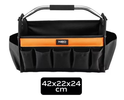 Neo Tools Szerszámtáska csőalakú fém fogantyúval, vállpánttal, 12 zseb, 42x22x24cm