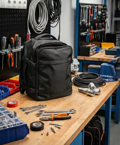 Neo Tools Hátizsák 3 az 1 ben, repülőgép kézipoggyász, laptoptáska, szerszámtáska funkciók, 40x25x20 cm