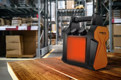 Neo Tools Ipari PTC Elektromos Kerámia Hősugárzó 3 kw, termosztát, levehető fogantyú, borulásvédelem, 210 m3/h