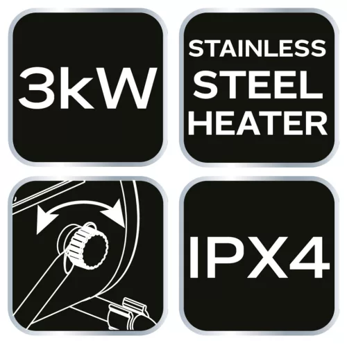 Neo Tools Ipari elektromos hősugárzó 3kW, állíth. üzemmód, IPX4(vizálló), állíth. szög, szabadonálló, 354 m3/h