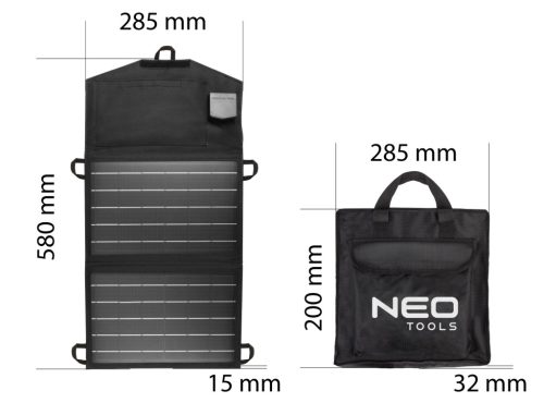 Neo Tools Hordozható napelem, napelemes töltő, 15W, telefon, laptop töltésre, 2db USB csatlakozó