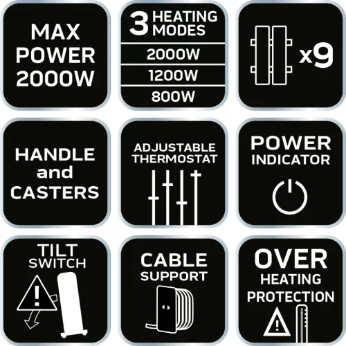 Neo Tools Olajradiátor, 9 bordás, 2 fokozatú, 1200/2000W