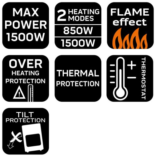 Neo Tools Elektromos látványkandalló, 850/1500W, termosztát, hőkioldó