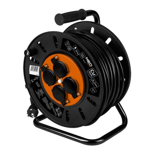 Neo Tools Kábeldob, hosszabbító, 20m/3x1,5mm2 réz kábel, 230V, IP20, hőkioldó, műanyag dob, fém keret