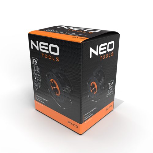 Neo Tools Kábeldob, hosszabbító, 20m/3x1,5mm2 réz kábel, 230V, IP20, hőkioldó, műanyag dob, fém keret