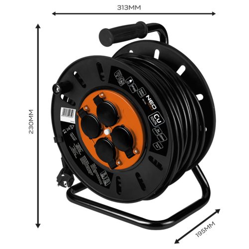 Neo Tools Kábeldob, hosszabbító, 20m/3x1,5mm2 réz kábel, 230V, IP20, hőkioldó, műanyag dob, fém keret