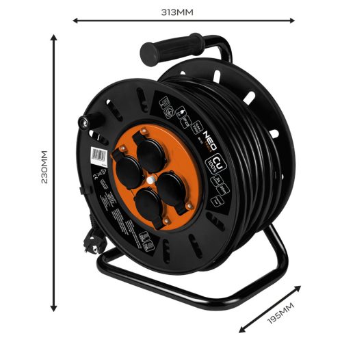 Neo Tools Kábeldob, hosszabbító, 30m/3x1,5mm2 réz kábel, 230V, IP20, hőkioldó, műanyag dob, fém keret