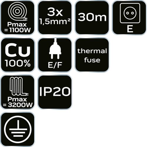 Neo Tools Kábeldob, hosszabbító, 30m/3x1,5mm2 réz kábel, 230V, IP20, hőkioldó, műanyag dob, fém keret