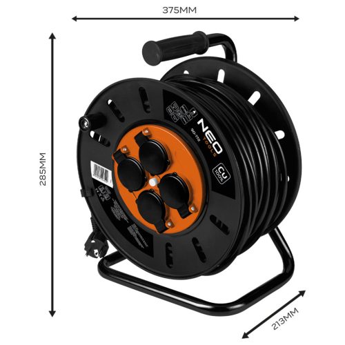 Neo Tools Kábeldob, hosszabbító, 40m/3x1,5mm2 réz kábel, 230V, IP20, hőkioldó, műanyag dob, fém keret
