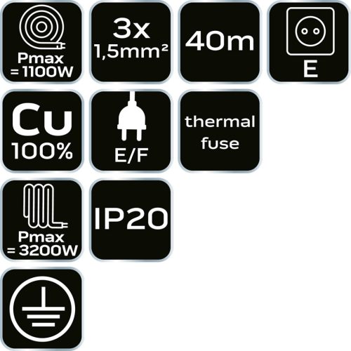Neo Tools Kábeldob, hosszabbító, 40m/3x1,5mm2 réz kábel, 230V, IP20, hőkioldó, műanyag dob, fém keret