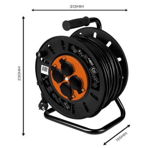 Neo Tools Kábeldob, hosszabbító, 30m/3x2,5mm2 réz kábel, 230V, IP20, hőkioldó, műanyag dob, fém keret
