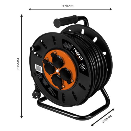 Neo Tools Kábeldob, hosszabbító, 40m/3x2,5mm2 réz kábel, 230V, IP20, hőkioldó, műanyag dob, fém keret