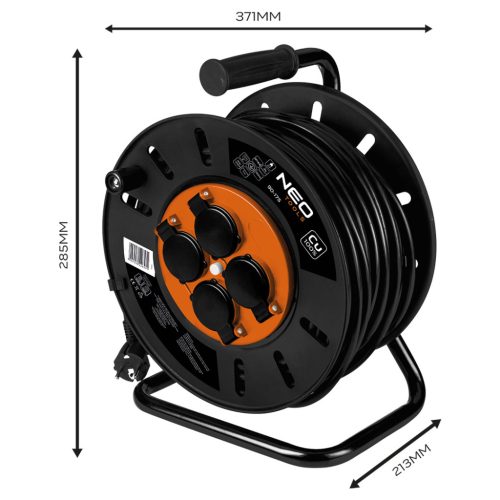 Neo Tools Kábeldob, hosszabbító, 50m/3x2,5mm2 réz kábel, 230V, IP20, hőkioldó, műanyag dob, fém keret