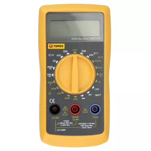 Topex Multiméter Digitális, AC V, DC A, DC V, Ellenállás, Dióda, Akku mérő 1,5V, 9V