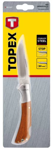 Topex Kés, összecsukható kés retesszel, 8cm penge, fa markolat
