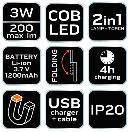 Neo Tools Akkus műhely-vizsgálólámpa, tölthető, 200lum COB LED, 3W