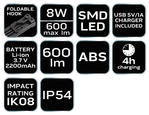 Neo Tools Akkus műhely-vizsgálólámpa, tölthető, 10W, SMD 600 lum