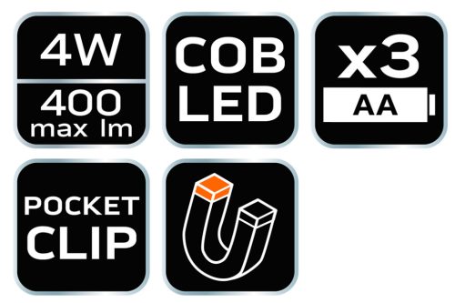 Neo Tools Műhely-vizsgálólámpa, elemes 3xAA, 400lum COB LED, 4W