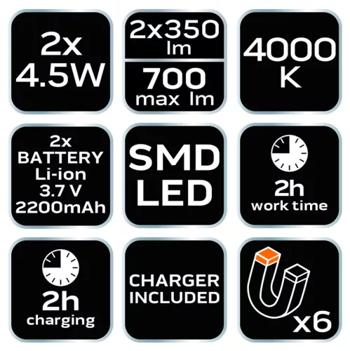 Neo Tools Akkus 2az1-ben szédszedhető műhely-vizsgálólámpa, tölthető, 2x350 lum SMD