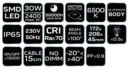 Neo Tools Reflektor, mozgásérzékelős, 230V/30W, 2400 lum, SMD led