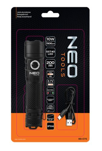 Neo Tools Zseblámpa, tölthető, USB C, 1500 lum, SST 40 LED