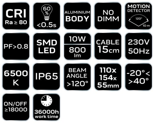 Neo Tools Reflektor, mozgásérzékelős, 230V/10W, 800lum, SMD led