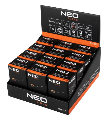 Neo Tools Fejlámpa kínálódobozban, tölthető, mozgásérzékelős, 500lum fényerő, COB LED