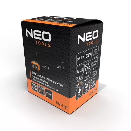 Neo Tools Fejlámpa kínálódobozban, tölthető, mozgásérzékelős, 500lum fényerő, COB LED