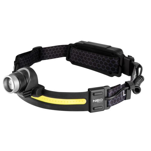 Neo Tools Fejlámpa, XPG+COB led, 400lm fényerő, ABS és gumi pánt, beépített akku, töltéskijelző