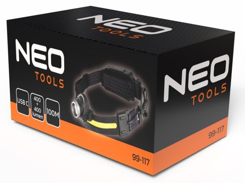 Neo Tools Fejlámpa, XPG+COB led, 400lm fényerő, ABS és gumi pánt, beépített akku, töltéskijelző