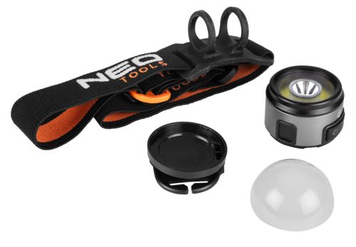 Neo Tools Fejlámpa levehető pánttal, mágnes és sapkarögzítő lehetőség, fehér és vörös LED, USB töltőkábel, 250+200lum