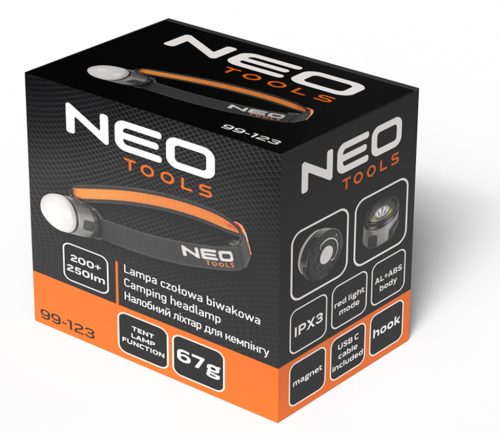 Neo Tools Fejlámpa levehető pánttal, mágnes és sapkarögzítő lehetőség, fehér és vörös LED, USB töltőkábel, 250+200lum