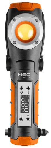 Neo Tools Akkus kompresszor és lámpa, 2000mAh akku, 800+400lum fényerő, max 10bar nyomás, USB és autós töltő
