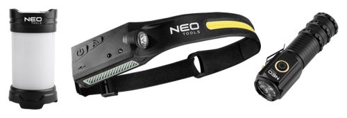 Neo Tools Kempinglámpa készlet 3db-os, kézi-sátor-fejlámpa, 150/280/1000 lm, 1200mAh akku, USB-C töltővezeték